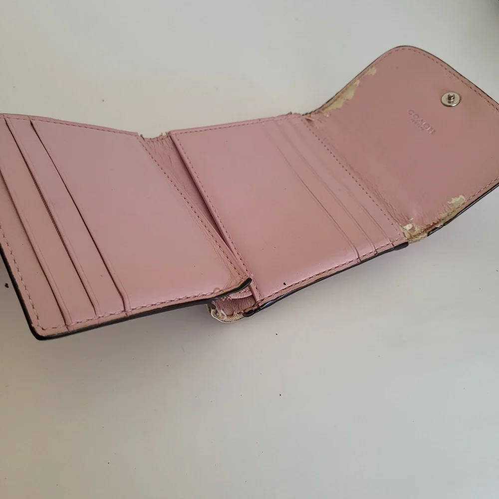 Coach Small Trifold Wallet Pink Khaki Signature Canvas Leather Trim